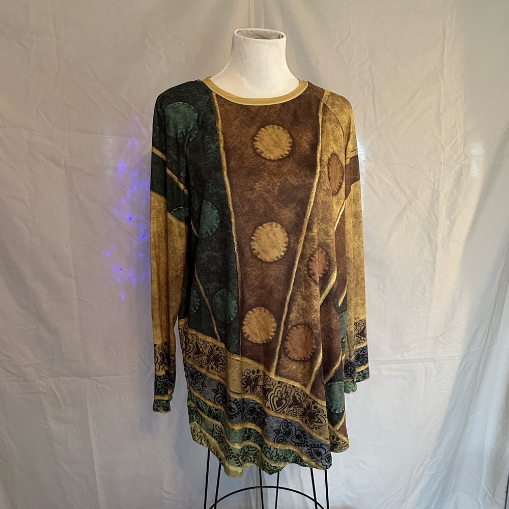 NWT Emery Rose tunic blouse multicolor geometric medallion mustard teal XL brown